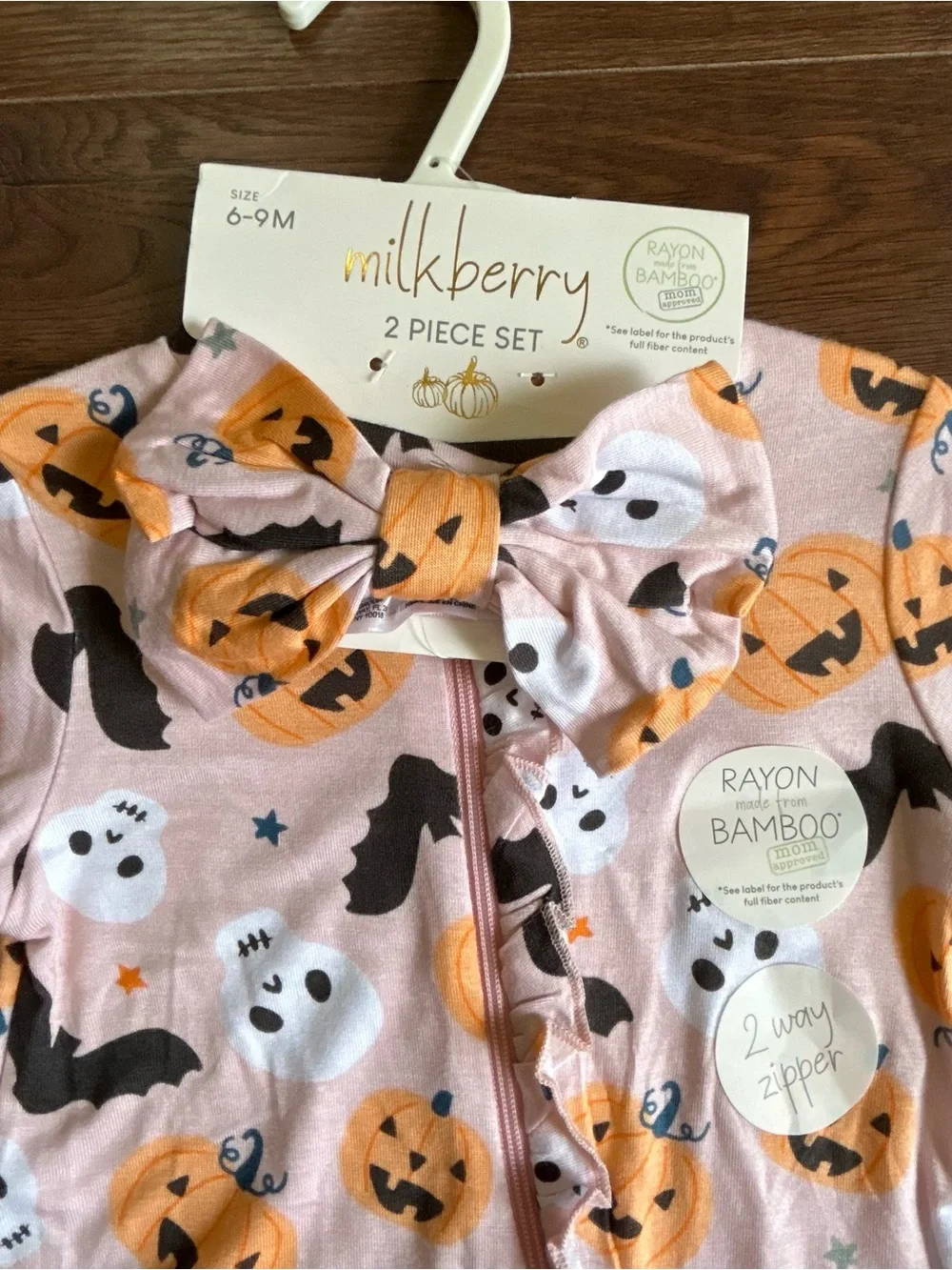Milkberry Halloween Ruffle Bamboo Footie & Bow Set 6-9m Pumpkin Skull Bat